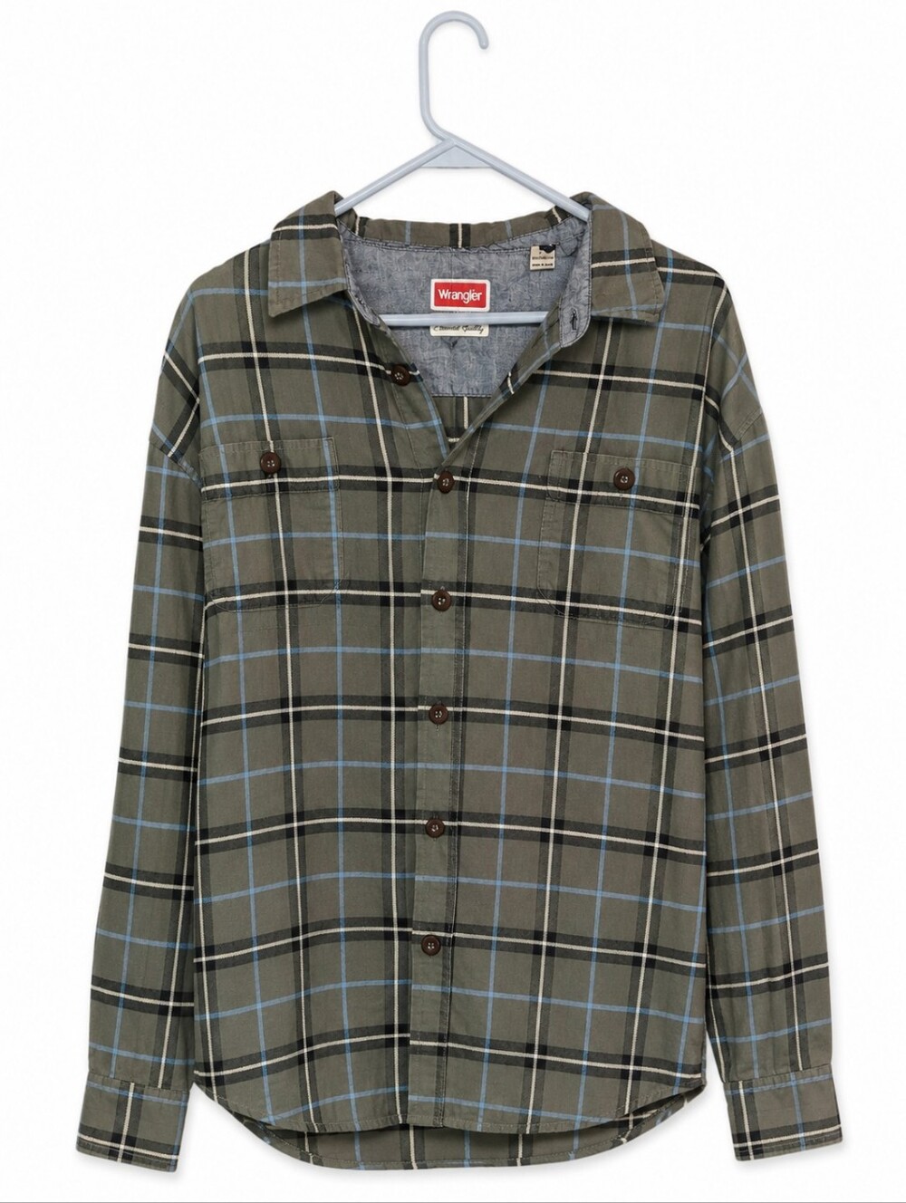 Wrangler Olive Plaid Lightweight Shirt Jacket with Blue Lines